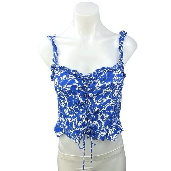 Zara Blue Floral Print Lace Up Tie Sleeveless Ruffle Strap Crop Tank Top Size S - Picture 1 of 9